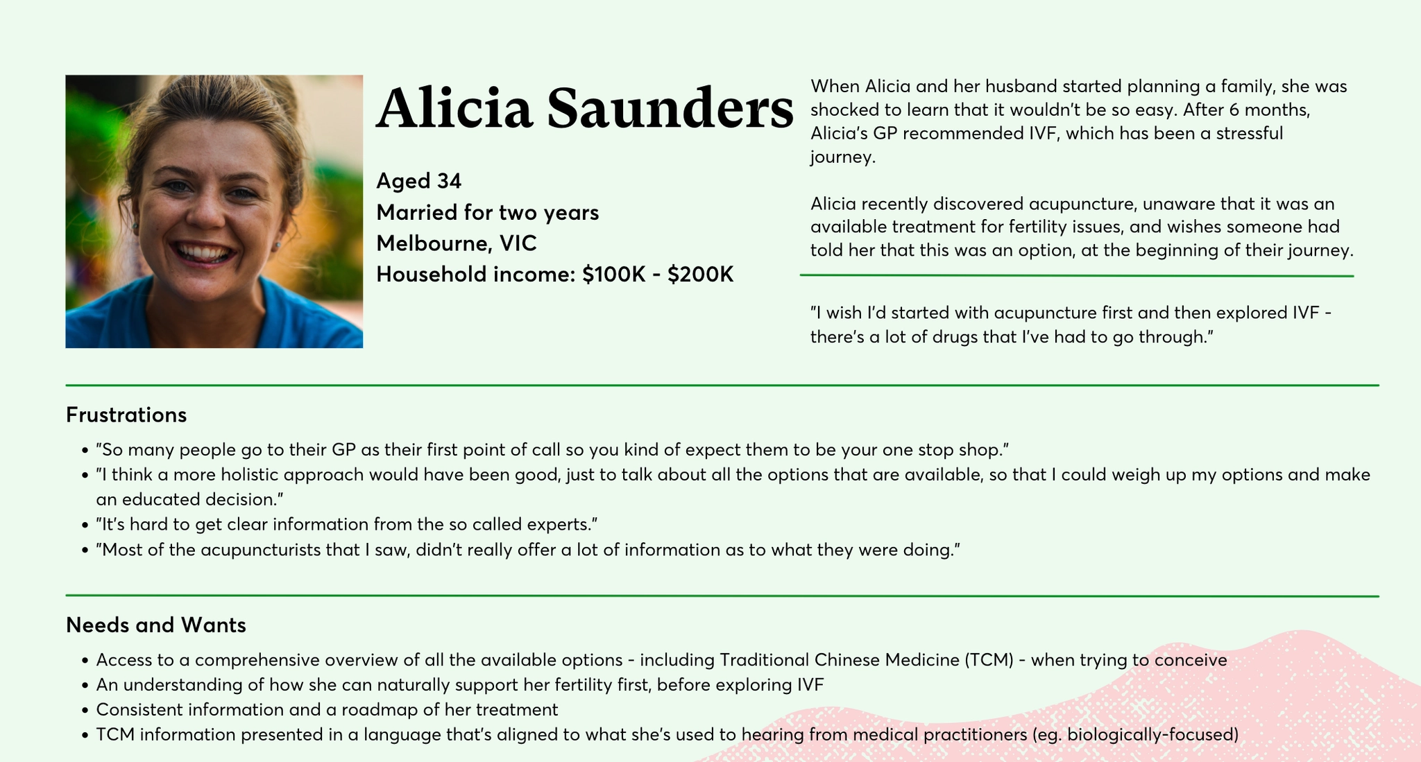 Persona — Alicia Saunders, 32-year-old mid-journey IVF patient