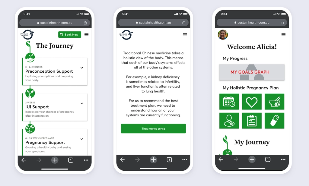Final hi-fi prototype screens — onboarding, dashboard, journey map