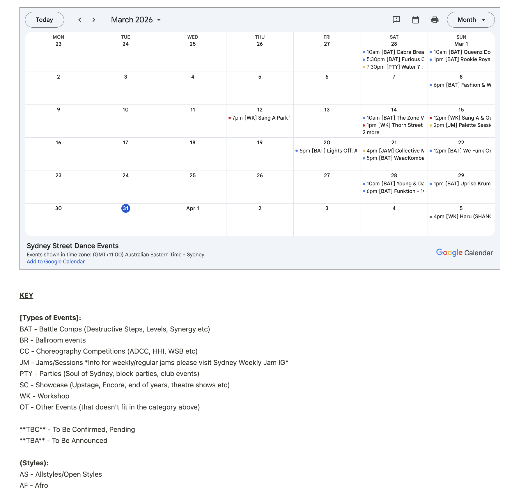 Previous version of the Sydney street dance calendar — embedded Google Calendar widget on Blogspot