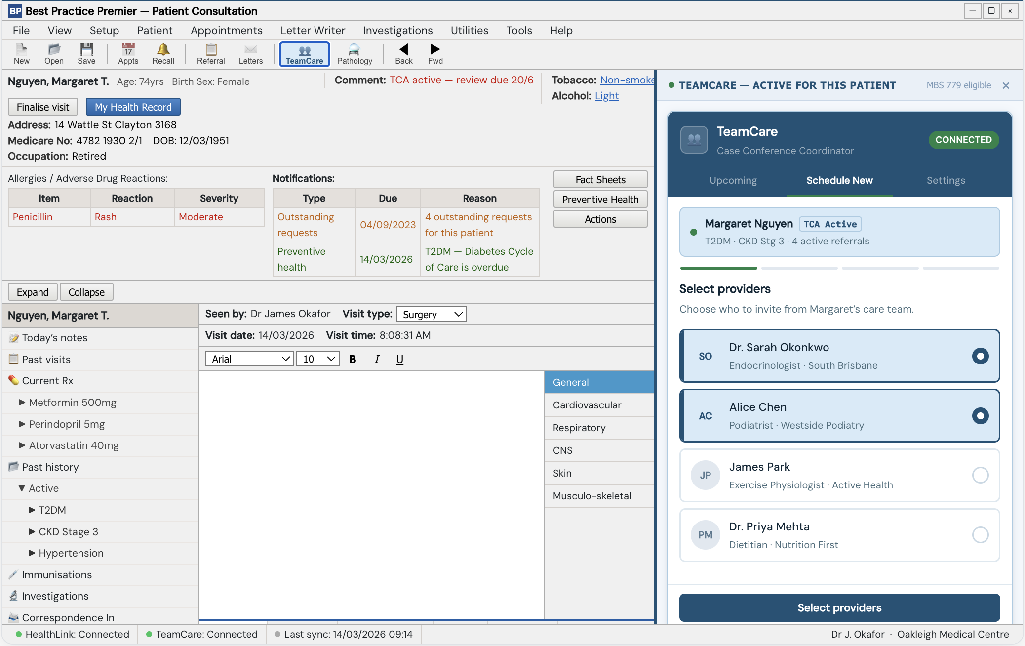 TeamCare widget open inside BP Premier, showing the care team selection step alongside a patient record